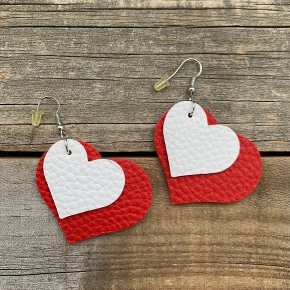 Heart Earrings Red White Lightweight Faux Leather Dangle Heart Earrings - Picture 1 of 4